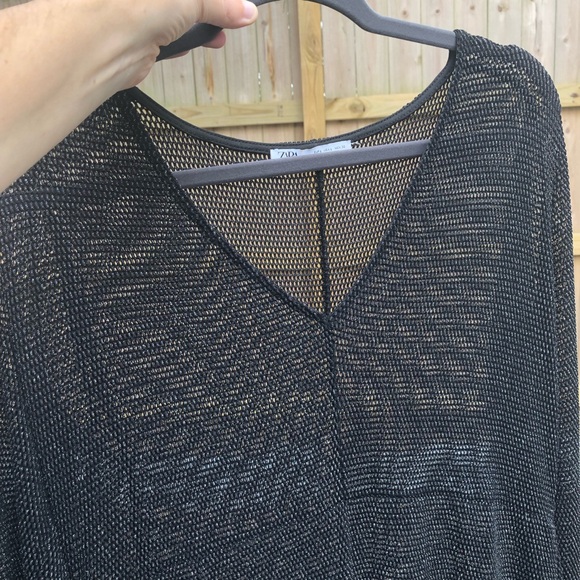 Zara Black Mesh Midi Dress Size L Long Sleeve Metallic Swim Cover V-neck Stretch - Picture 10 of 10